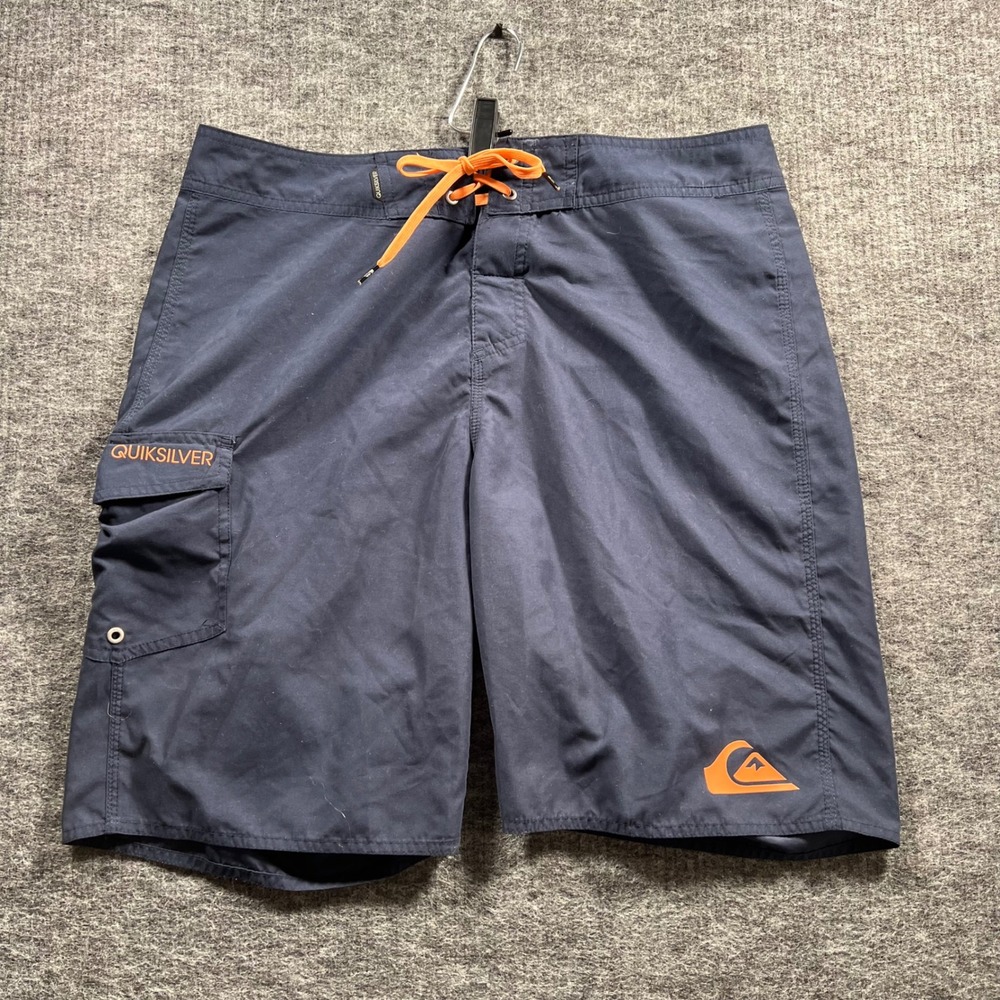 Quiksilver Mens Navy Blue Orange Logo Cargo Board Shorts Swim Trunks Size 34